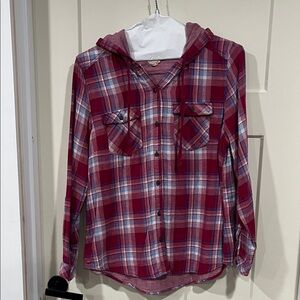 Boston Traders Red Plaid Button-Down Hooded Shirt